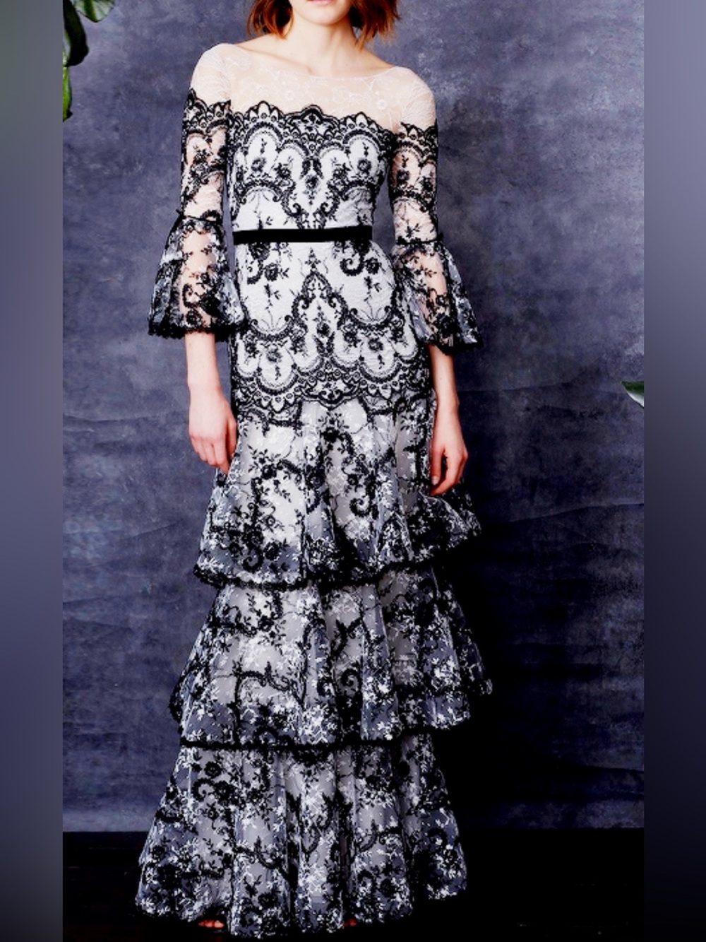 Marchesa Black and Cream Lace Tiered Evening Gown